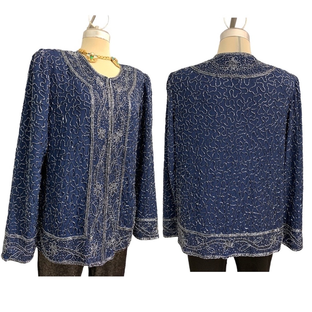 Gorgeous Elegant Blue Long Sleeves Beaded Embellished Jacket Size M/L